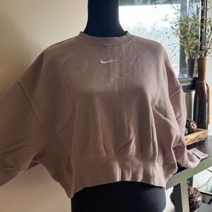 Nike Cream/Beige Cropped Crew Sweatshirt with White Swoosh